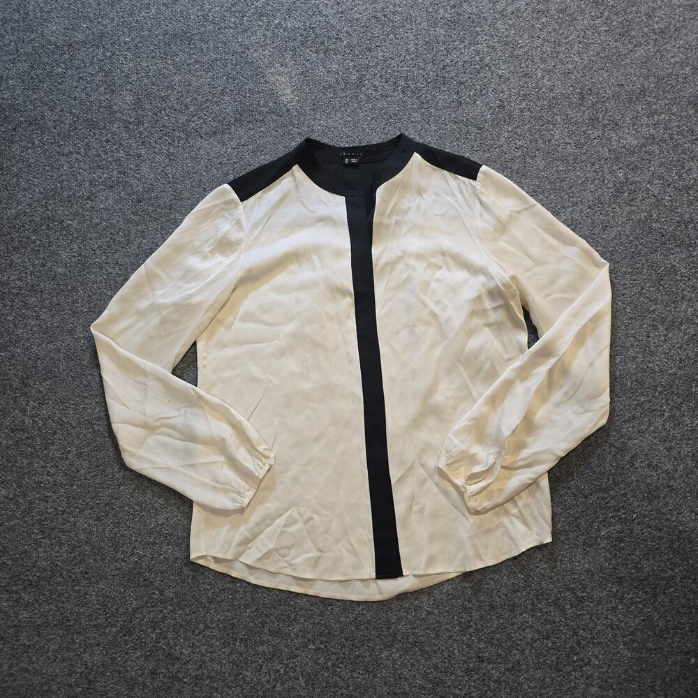 Theory Top Women Size Medium White Silk Colorblocked Long Sleeve Career Capsule